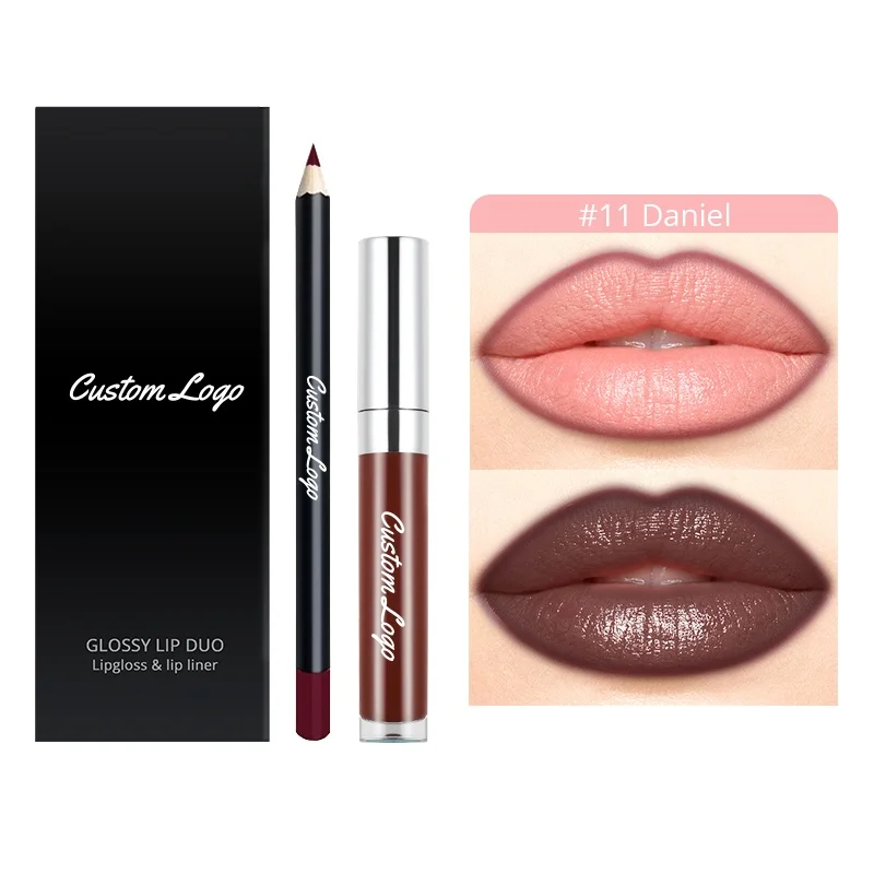 Low MOQ Shiny 19-color Lip Gloss Matte High Pigment Lip Liner Nude Vegan Lip Kit with Private Label