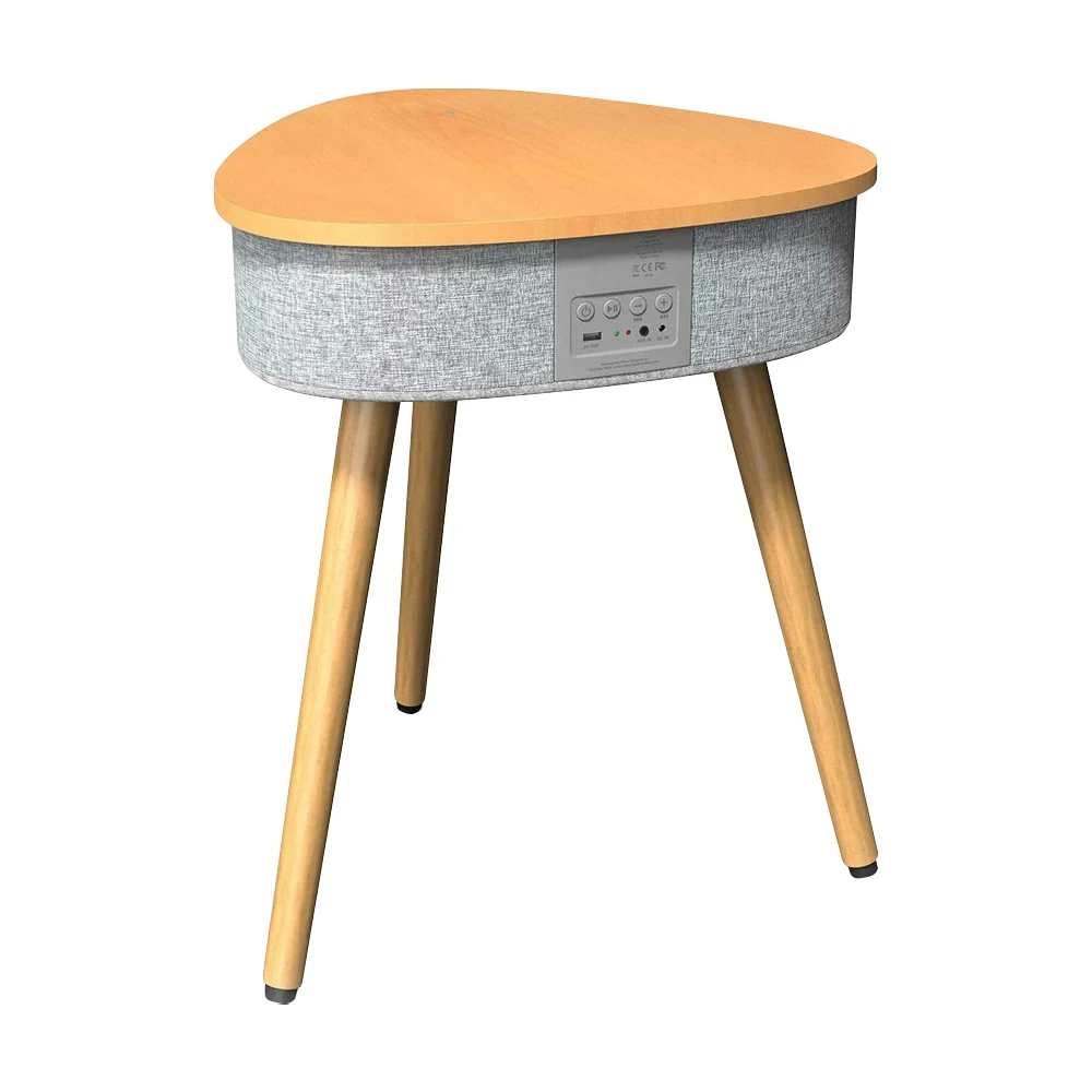 2023 Nordic Portable Round Wooden Stand Smart Side Coffee Speaker Table With Dual Usb Ports And Wireless Charger