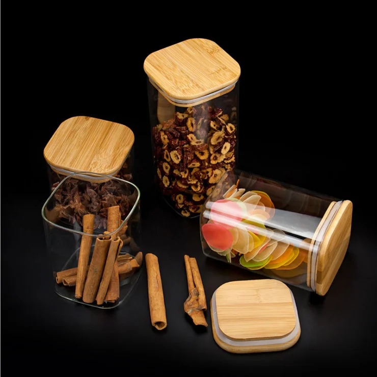 wholesale factory price different sizes square shape borosilicate glass jar with bamboo lid