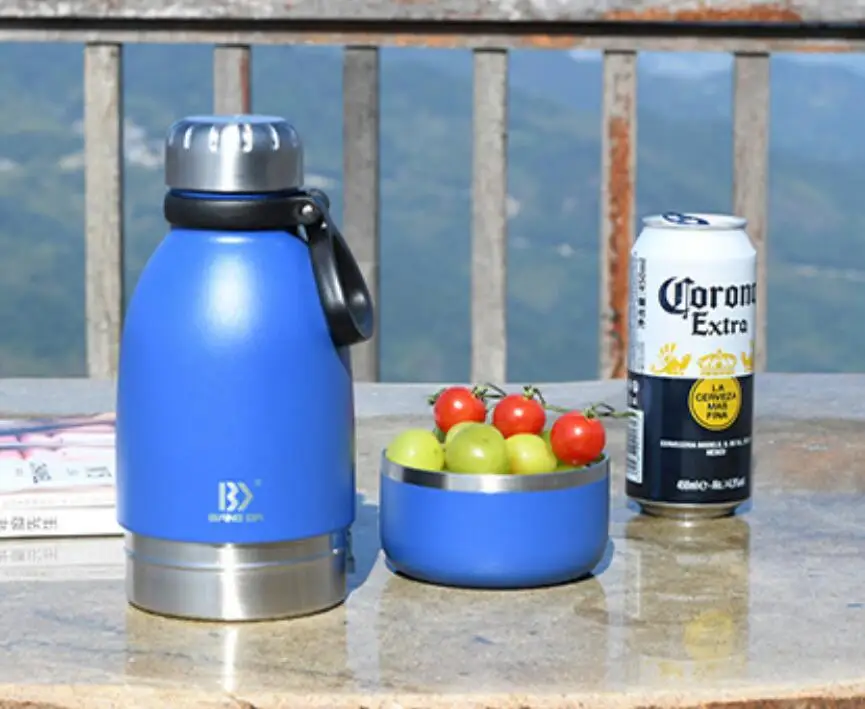 New insulated dog cat travel drinking stainless steel pet water bottle with food feeder bowls