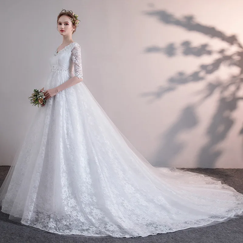 V Neck Lace Half Sleeve Ball Gown Wedding Dress for Pregnant Women Maternity Wedding Gowns