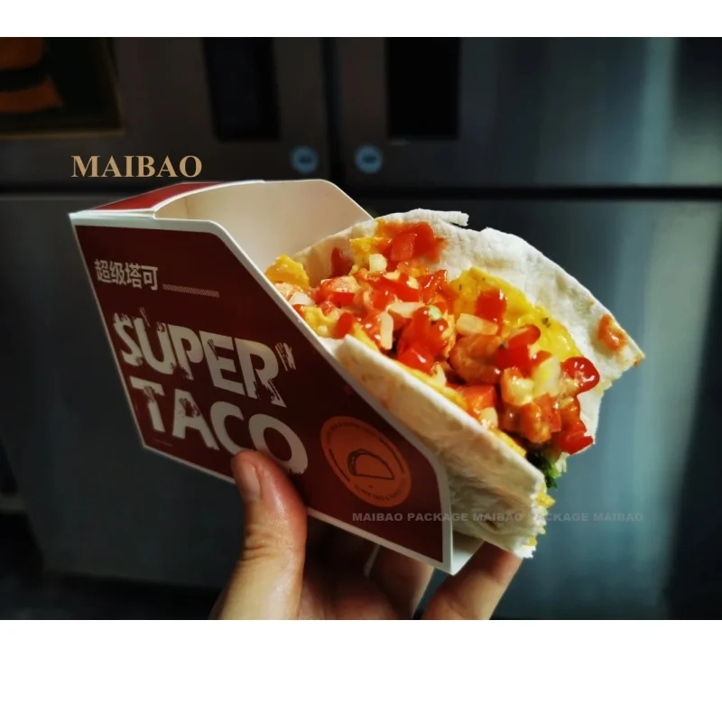 Taco Box Printed Logo Kraft Material White Board Paper Folder Type Fast Food Packaging Paper Box For Baking