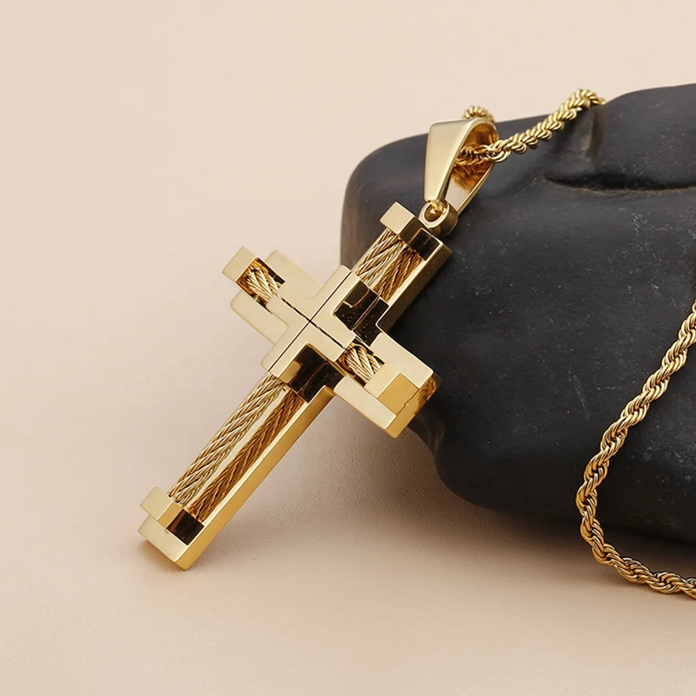 MECYLIFE 18K Gold Plated Hiphop Pendant Fashion Stainless Steel Christian Cable Wire Cross Necklace