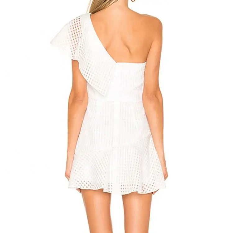 White Party Dress Mesh Ladies Fashion One Shoulder Ruffles Detail Mini Dress