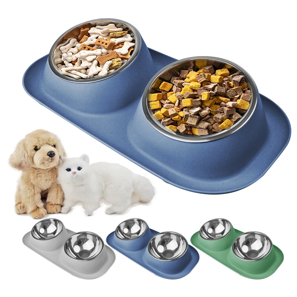 Dog Bowls Double Dog Water and Food Stainless Steel Bowls with Non-Slip Station, Pet Feeder Bowls for Puppy Medium Dogs Cats