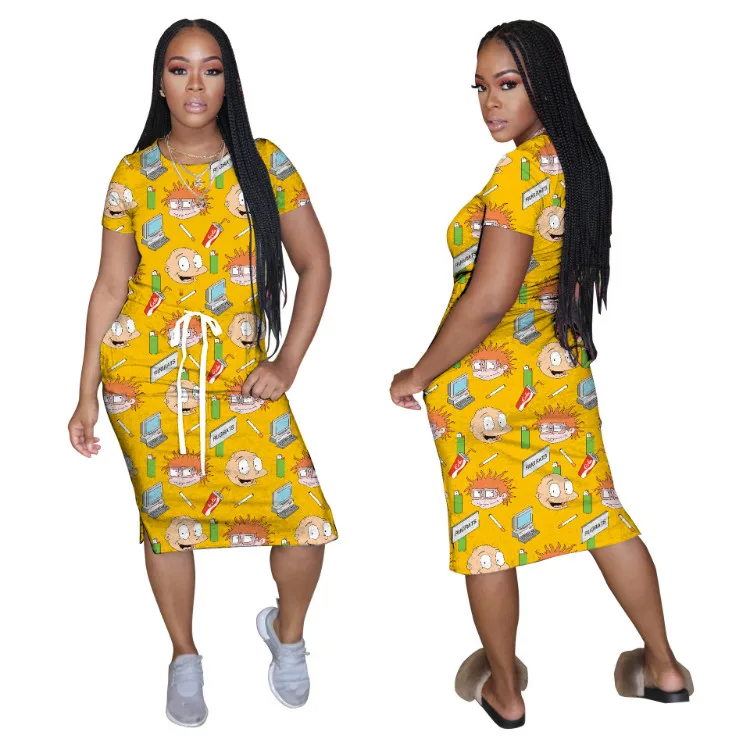 
2020 New Arrival Home Dress A-Line Cartoon Pajamas Printed Tie Dye Girls Party Dresses Women Maxi Dresses 