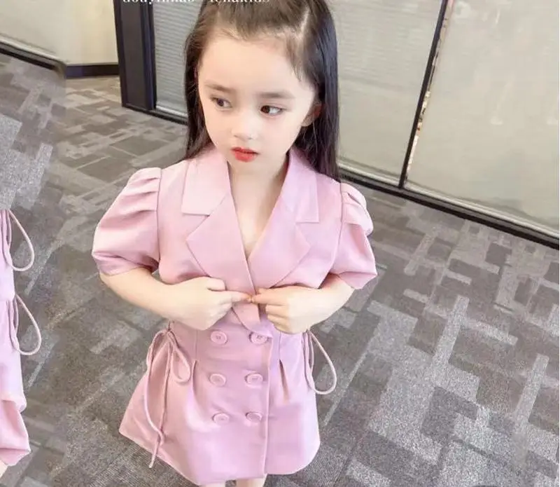 Summer style girls waist princess dress girls fashion bubble sleeve suit dress