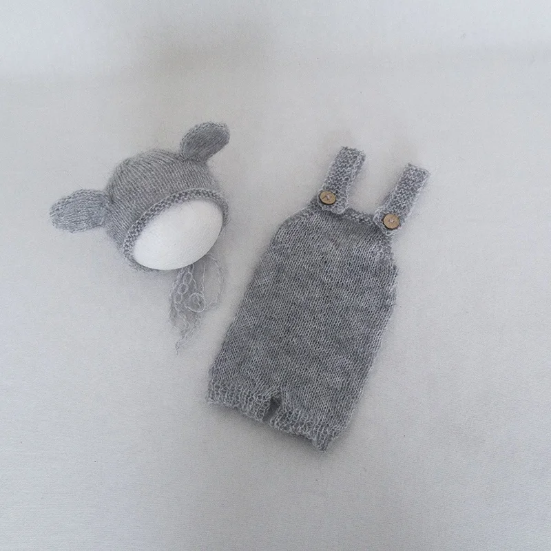Baby Pink Outfit Angora Knit Teddy Bear Hat Romper Set Crochet Newborn Overall Photography Props Fluffy Bear Bonnet Pant Props