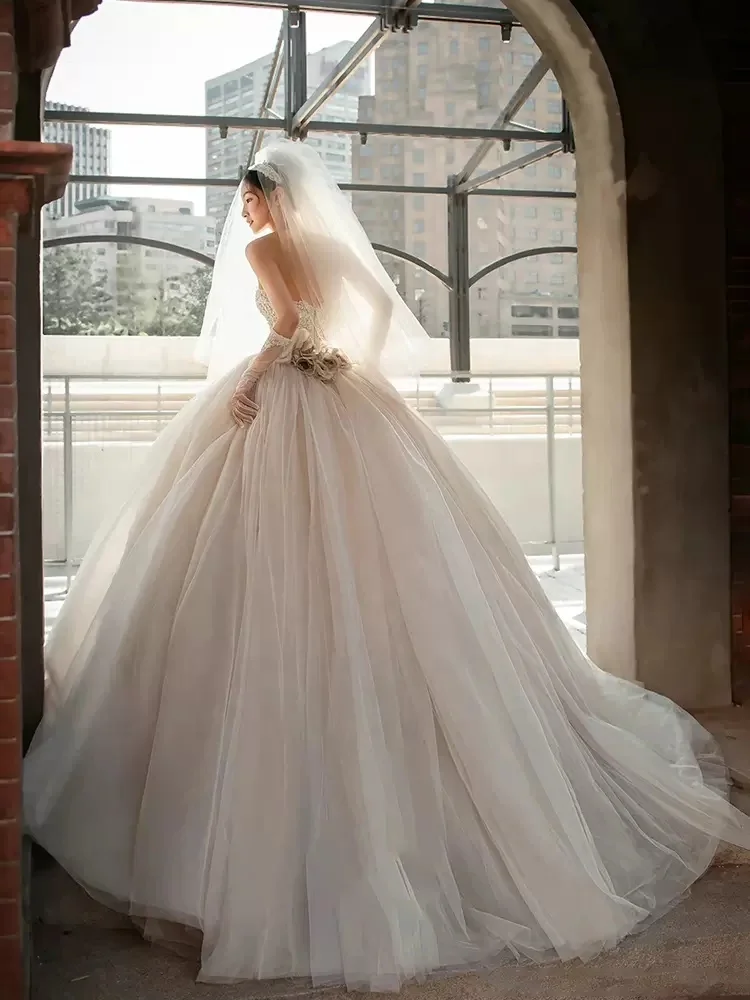 Luxury Tulle Wedding Dress New Applique Bridal Tube Top Temperament Trailing Dress Summer French Style Ball Gown