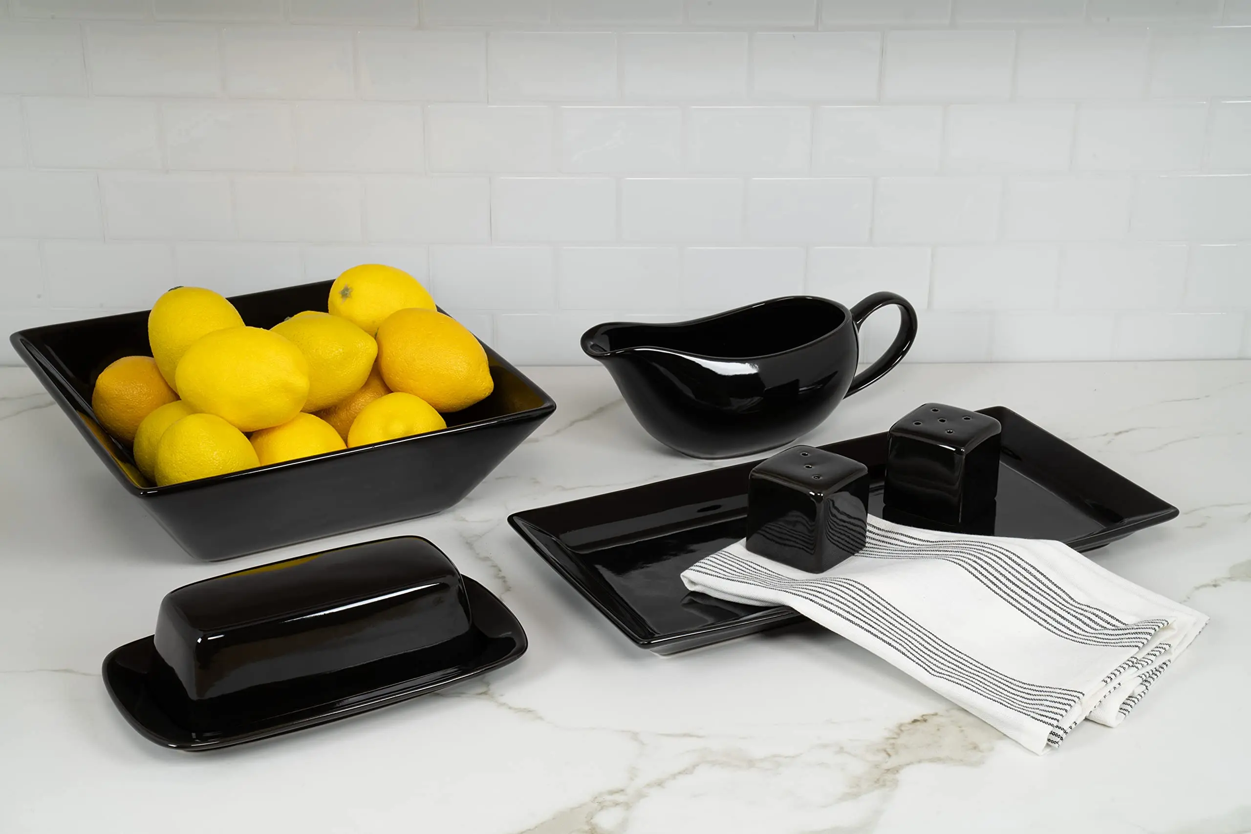 Ceramic Square Dinner Sets Durable Porcelain Dinnerware Set, 38 Piece, Black Dinnerware Set