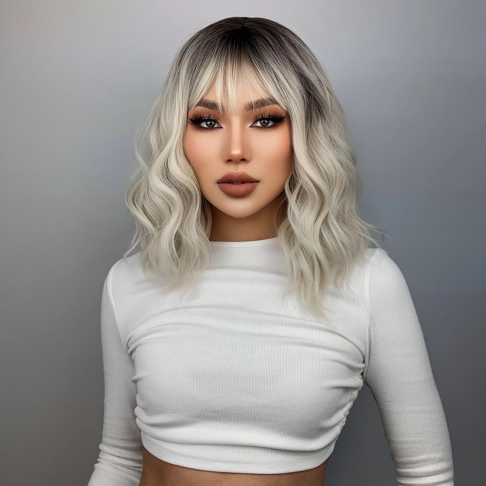 Ainizi short wave daily female wigs heat resistant ombre brown mixed platinum high density machine made synthetic wig with bangs