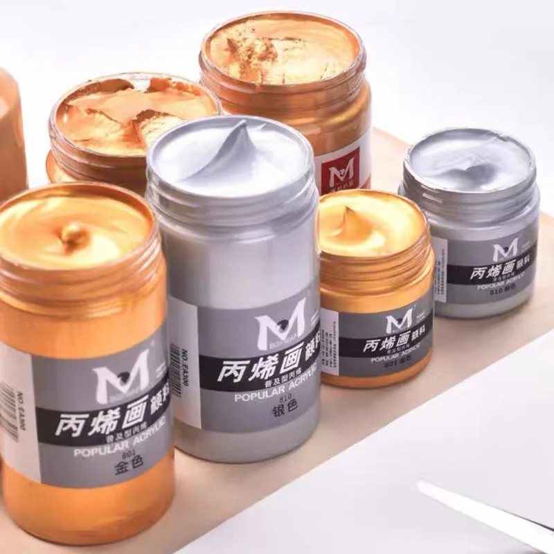 Meihui Art Metallic Acrylic Paint Gold Silver 100ml 300ml 500ml 1200ml Student Metallic Colors Acrylics on Wall Shirt