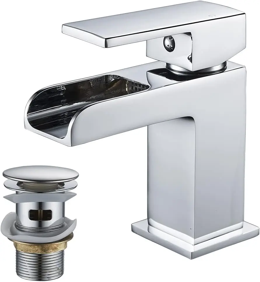 Modern Single Handle Waterfall Basin Tap Matt Black Brass Wall-Mounted Sink Mixer Tap with Waste, Waterfall Basin Faucet