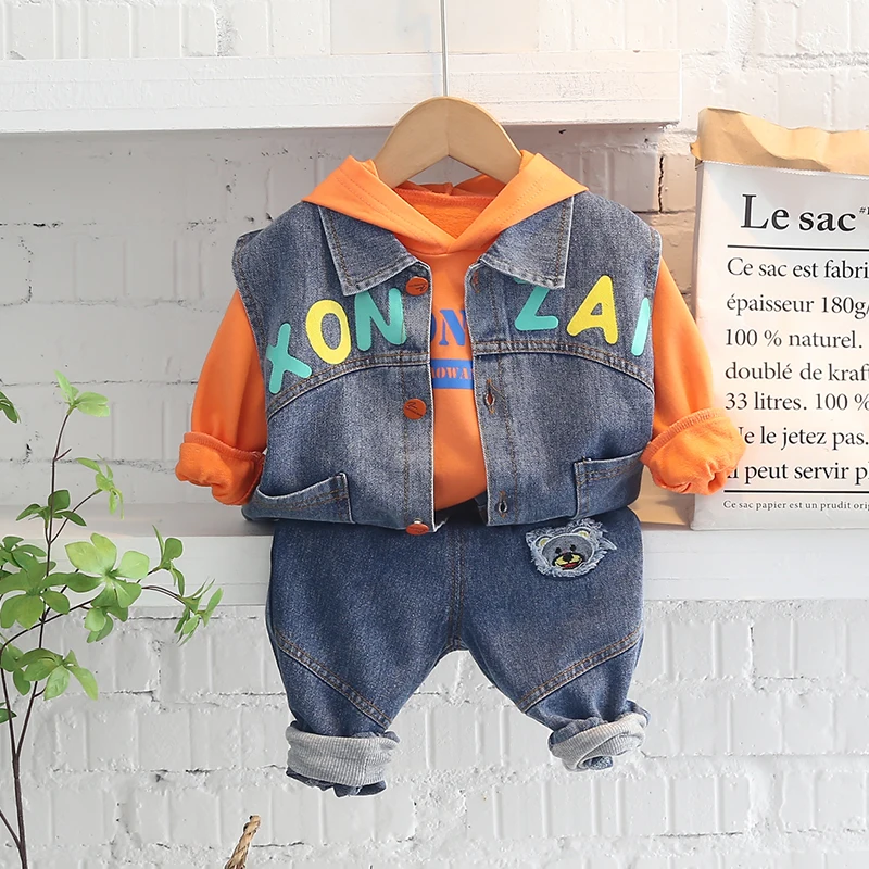 vetement enfants kids Denim vest jacket+Long sleeve shirt+jeans 	+kids hoodies Jean jacket and jeans