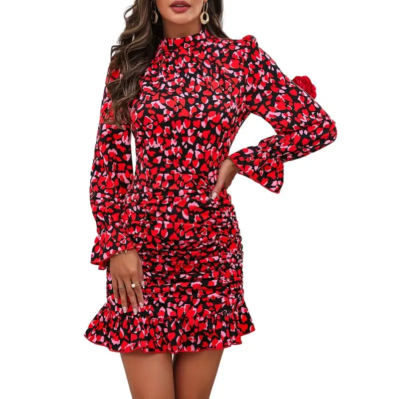 Women Red Valentines Day Heart Shape Allover Print Ruched Elegant Mock Neck Long Sleeve Bodycon Mini Dress