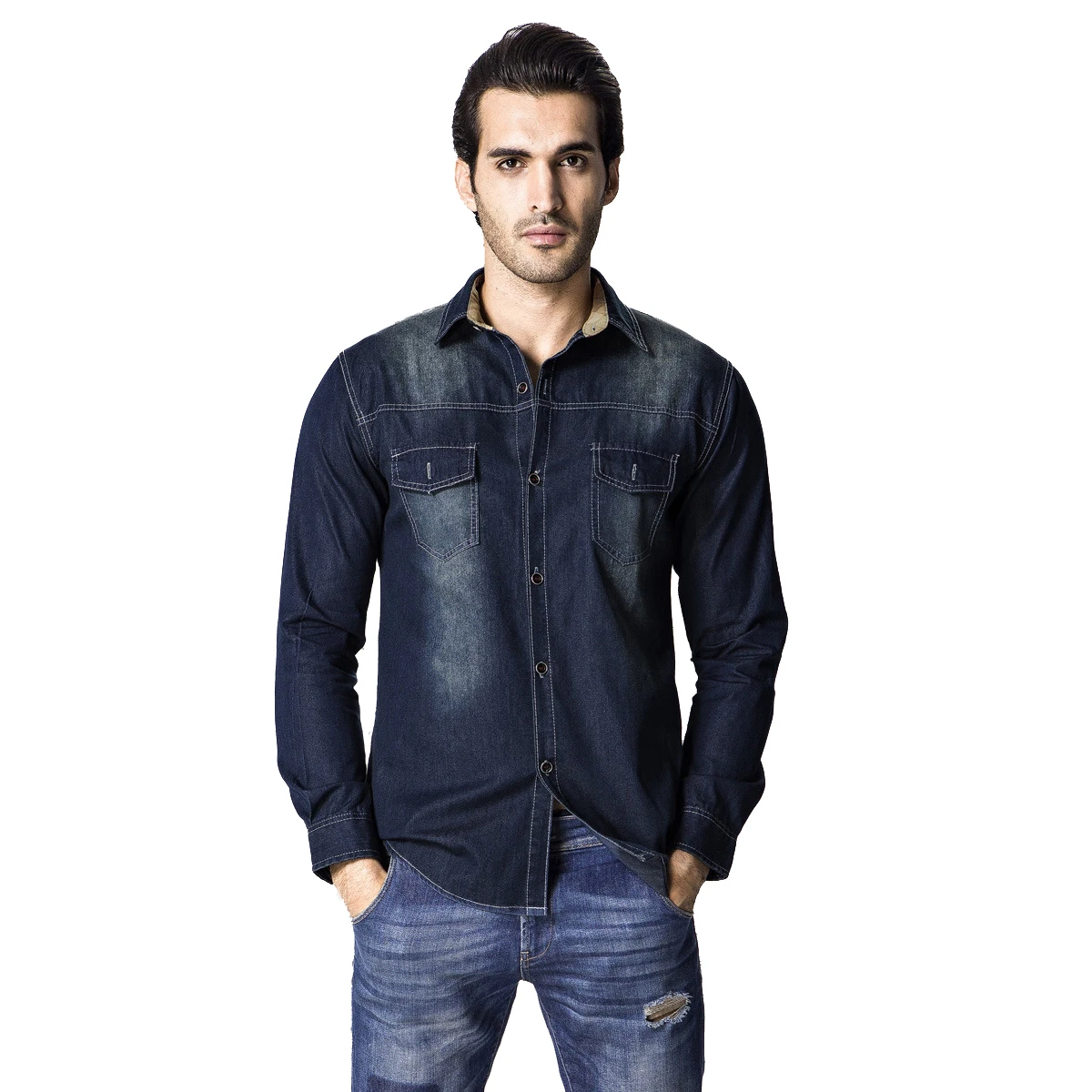 Custom Design Double Pockets Washed Cotton Denim Shirt Long Sleeve Casual Breathable Button Down Shirts for Men