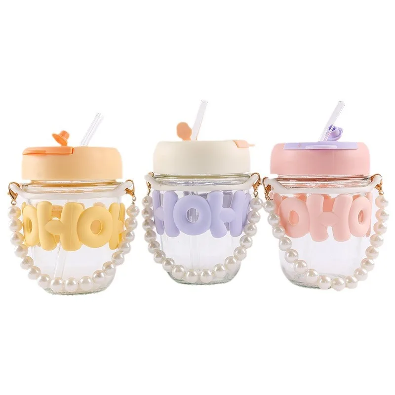 High-value Cute Ins Girls Cartoon Glass Pearl Chain Cup Letter Glass Water Cup Cold Drink Cup