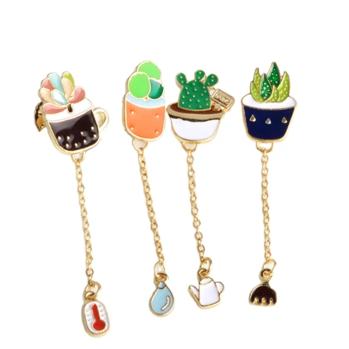 Factory Custom Green Cactus Aloe Tree Bonsai Potted Plants Brooch Women Girl Drip Pin Badge Jacket Clothes Pins