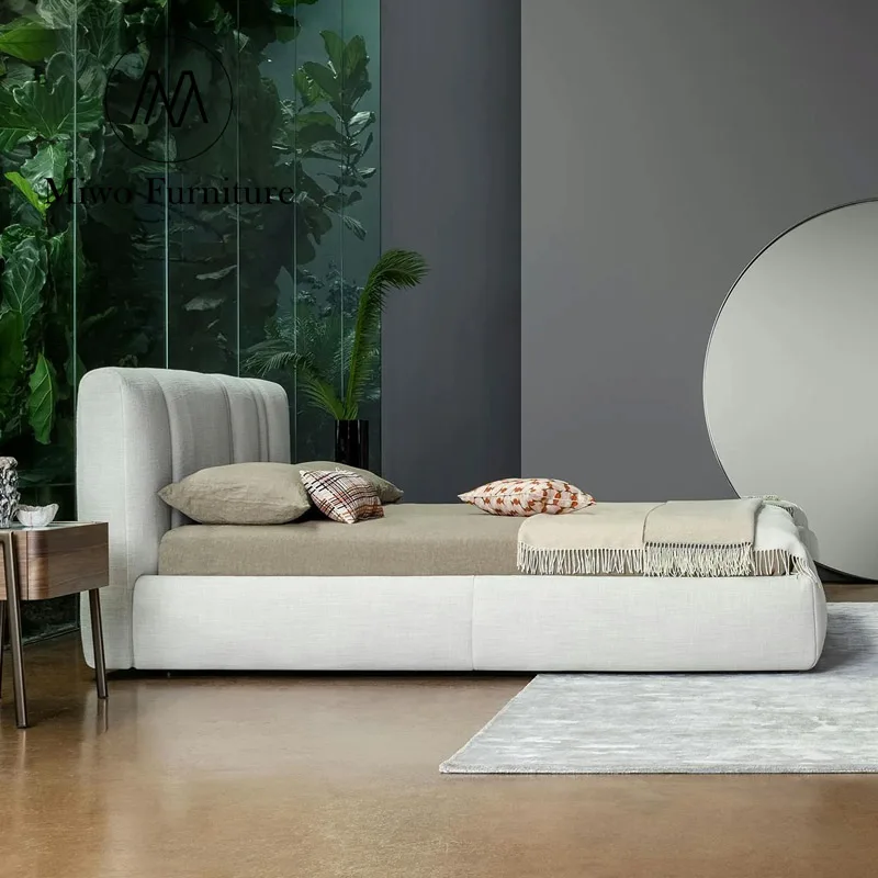 Italian modern stylist furniture white Linen fabric bedroom King size bed Double upholstered bed Hotel Loft queen bed frame