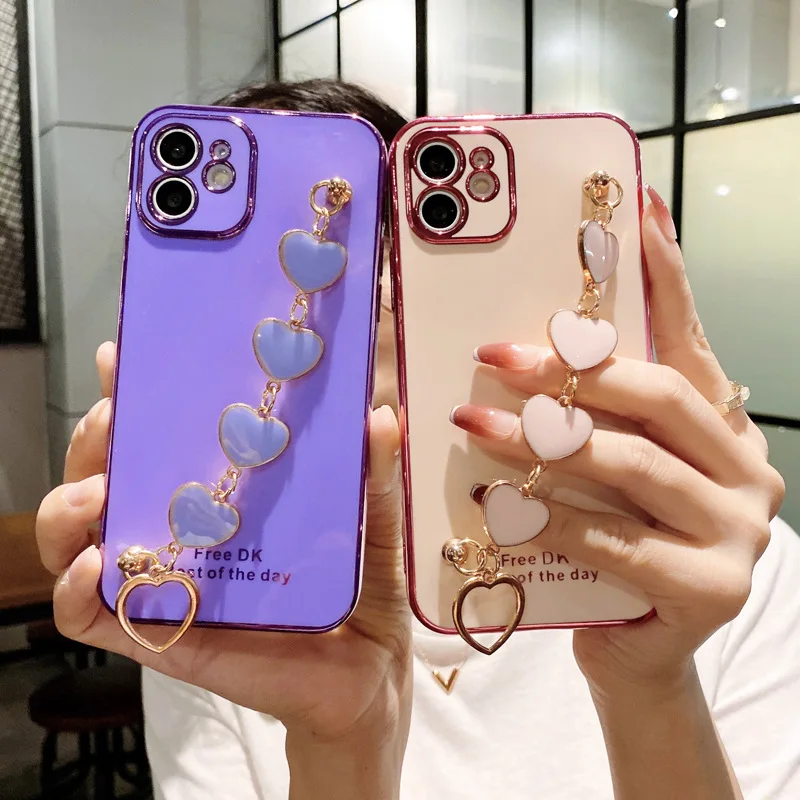 Luxury 6D Plating Phone Case For iPhone 14 13 12 11 Pro Max XS XR 7 8 Plus Soft TPU Back Cover With Love Lanyard