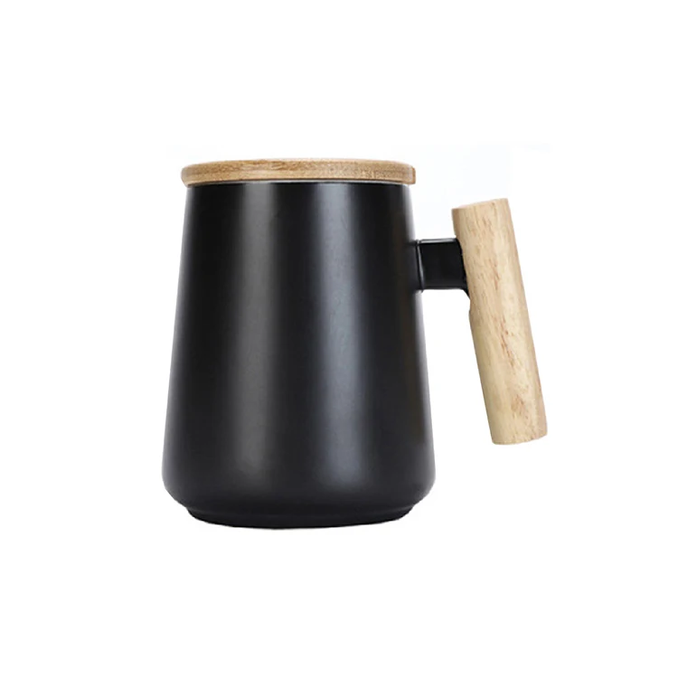 Unique 350ml Black/White Custom Logo Ceramic Coffee Mug with Wooden Handle