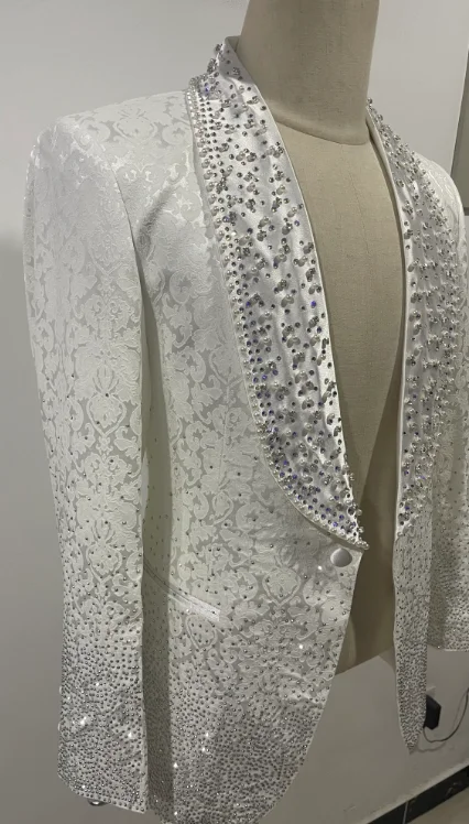 Pearl Ornament Tuxedo Groom Business Party Male Suit Slim Fit Blazer Formal Prom Clothes Men Wedding Suits