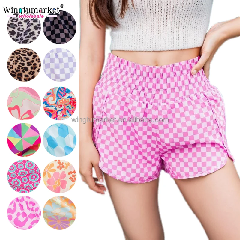 Summer mature yoga pants sport high waist smocked leopard checked fitness biker workout running gym hot pants shorts for women