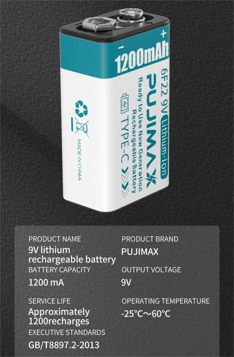 PUJIMAX Universal 4PCS 9V Rechargeable Lithium Battery 1200mAh Safe And Durable USB Li ion Batteries For Toy Karaoke Microphone