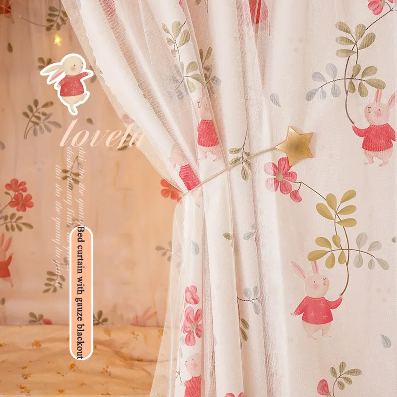High quality princess style cartoon flower printing gauze bed curtains high shading single door upper down bed dust bedspread