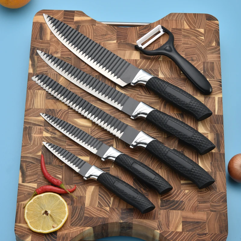 In Stock Wholesale 6 Pieces Kitchen Knife Set Banding Non-stick Coating Knife Set Plastic Handle Knives With Gift Box