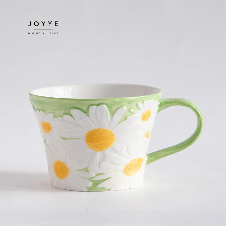 Joyye Hand Painted Embossed Flower Pattern Cup Set Custom Ceramic Stoneware Mike Coffee Mugs for Free Sample