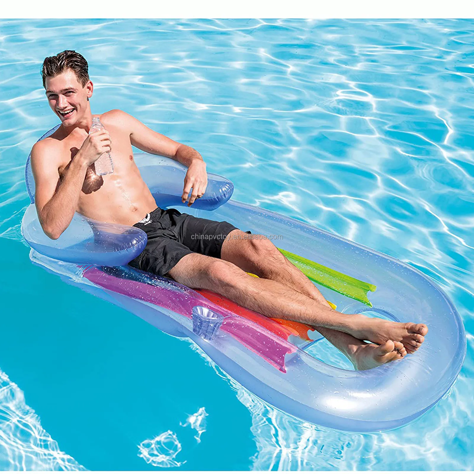 Inflatable Lounge with Headrest & Cup Holder Inflatable Pool Lounger Float for Adults Blue & Pearlescent Silver