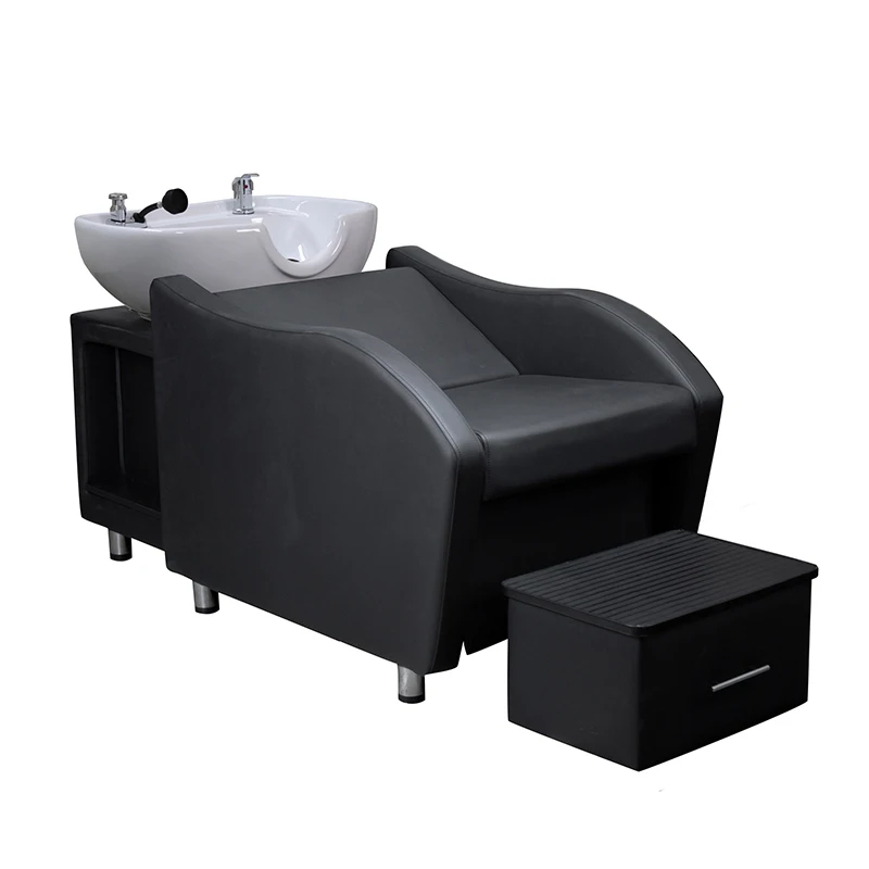 
barbershop hair wash station shampoo bowl and chair backwash unit black brown leather shampoo chair 