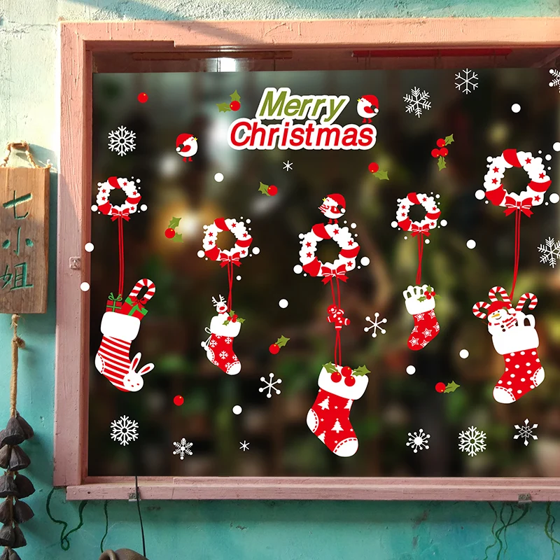 Christmas Stickers Santa Claus Snow Printed Static Clings Christmas Window Clings pvc Sticker