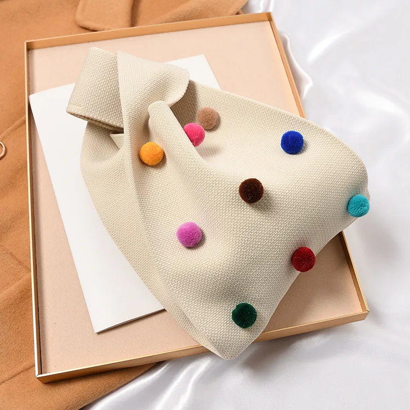 Wholesale Korean Style Ladies Small Clutch Purse Japanese Knitted Knot Bag Women Cute Crochet Clutch Handbag With Pom Pom