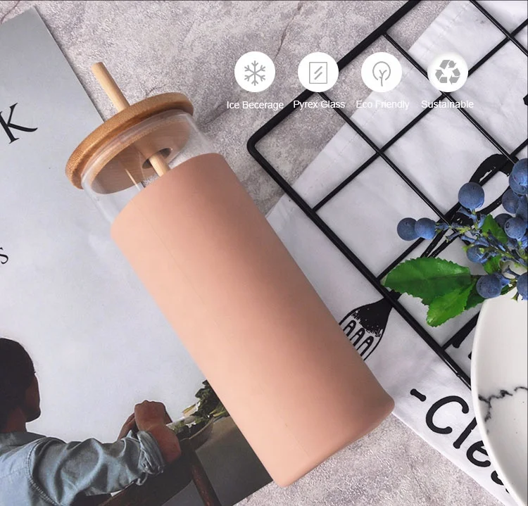 
Hot Sales BPA free bamboo lid silicone sleeve drinking glass tumbler cup with straw 15 Oz 