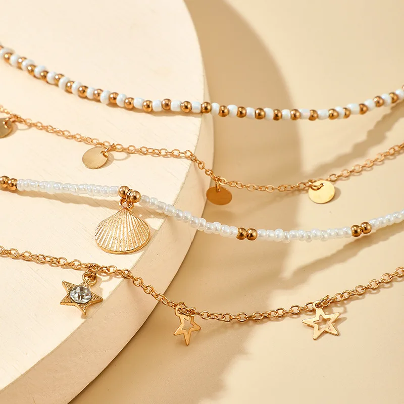Hot Sale Good Quality Boho Jewelry Beaded Star Disc Pearl Shell Anklet Four Pieces Set