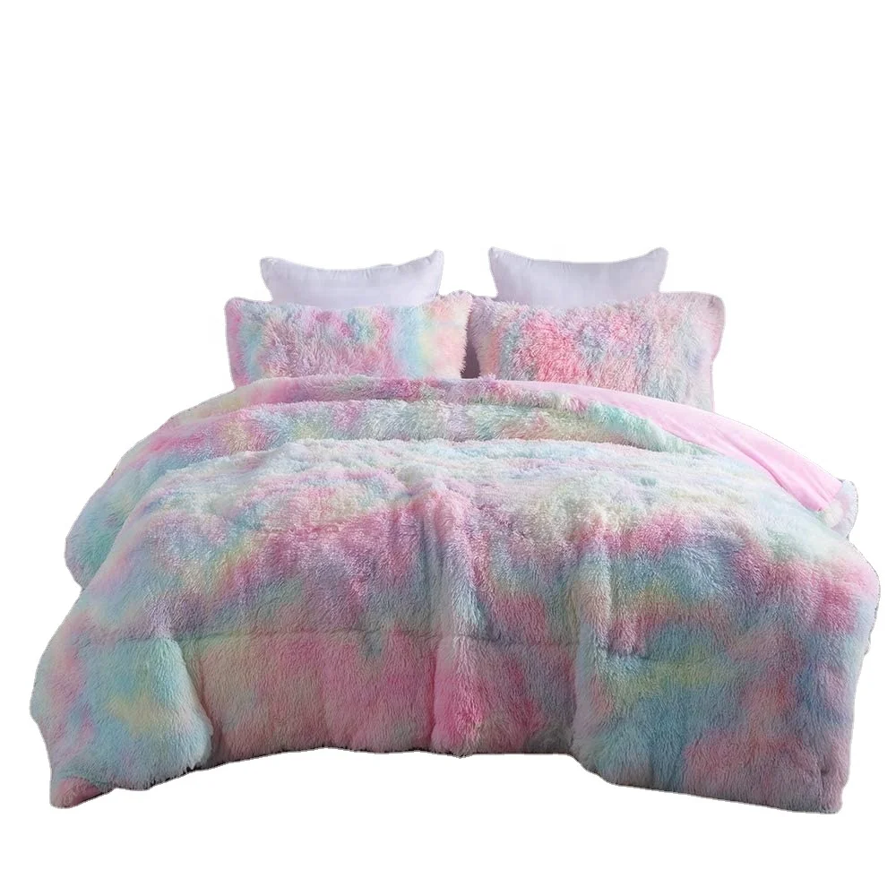 Женская сумка из меха кролика Радужный набор стеганых одеял Пушистый с длинным ворсом, комплект постельного белья из микрофибры мягкий теплый стеганых одеял
