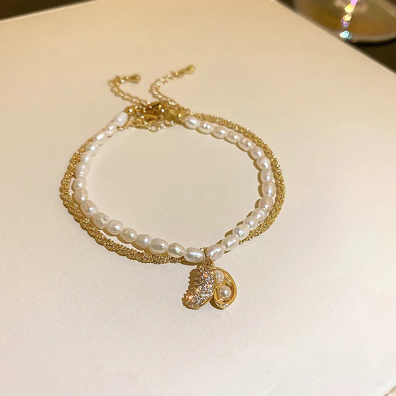 Yiwu Meise YY602 18k Gold Plated Chain Zircon Natural Freshwater Pearl Beaded Bracelet Heart Peanut Charm Bracelet