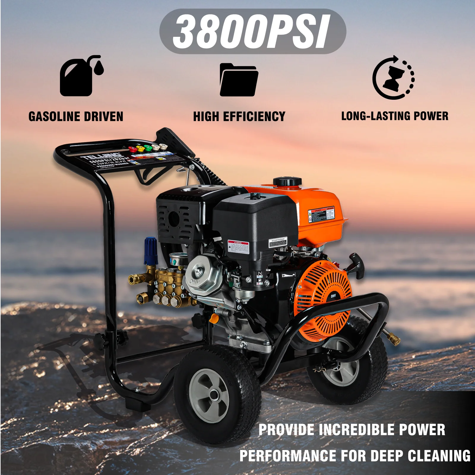 OME 3800psi/262bar Gasoline High Pressure Car Washing With Triplex pump 4 nozzle 7hp engine car washing machine for household