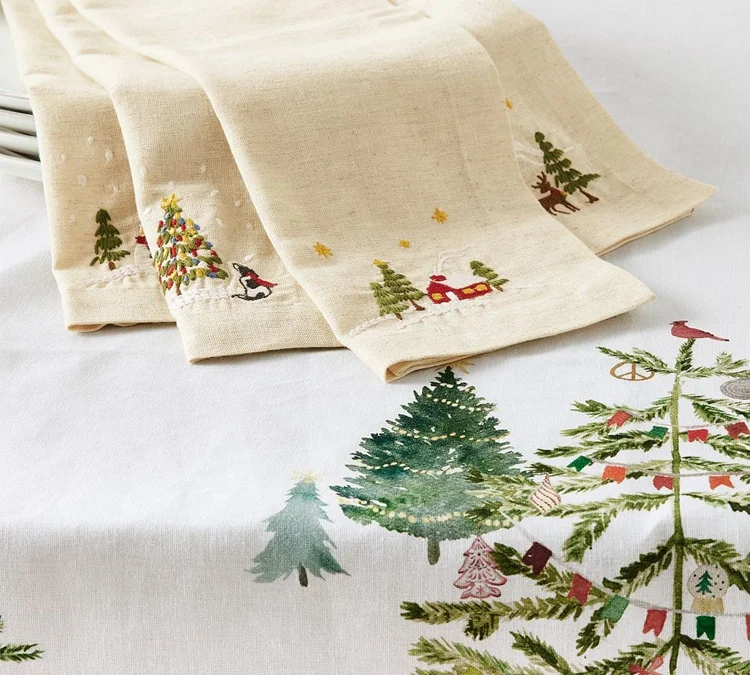 Event Dining Table Hand Embroidery 100% Flax Linen Christmas Napkins Cloth