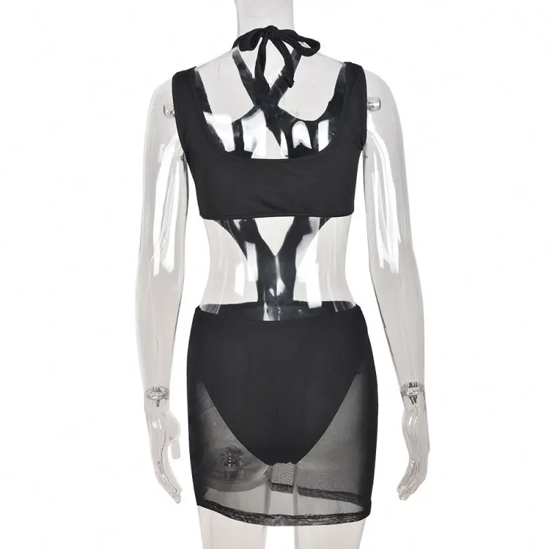 Summer 2022 Women Halter Bandage Super Sexy Hollow Out Patchwork Mesh Mini Dresses