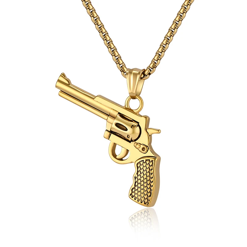 Hip hop jewelry factory wholesale custom men high polish gold stainless steel pistol gun pendant