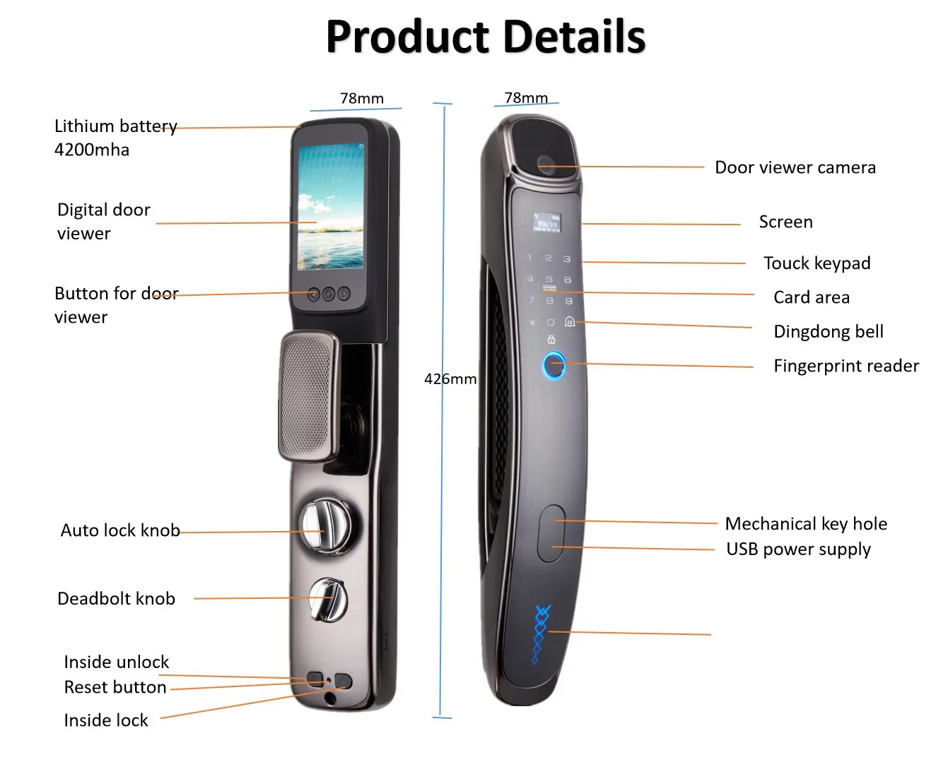 Ulock Intercom Smart TUYA APP fingerprint gate lock with inside camera digital door viewer