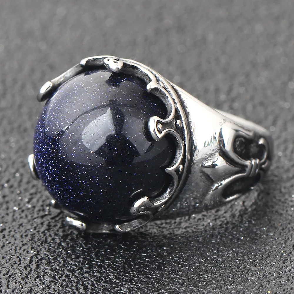 Fashion vintage turkish men rings stainless steel Jewelry blue san stone rings for men