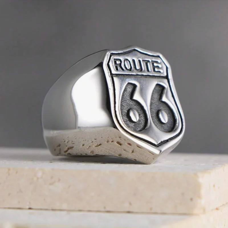 Non-Fading Creative European And American Chunky Jewelry Route 66 Highway Stainless Steel Men And Women Personalized Finger Ring