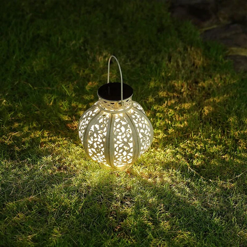 Hanging Portable Retro European Style Hollow Carved White LED Lantern Light Outdoor Waterproof Solar Power Table Decorative Lamp