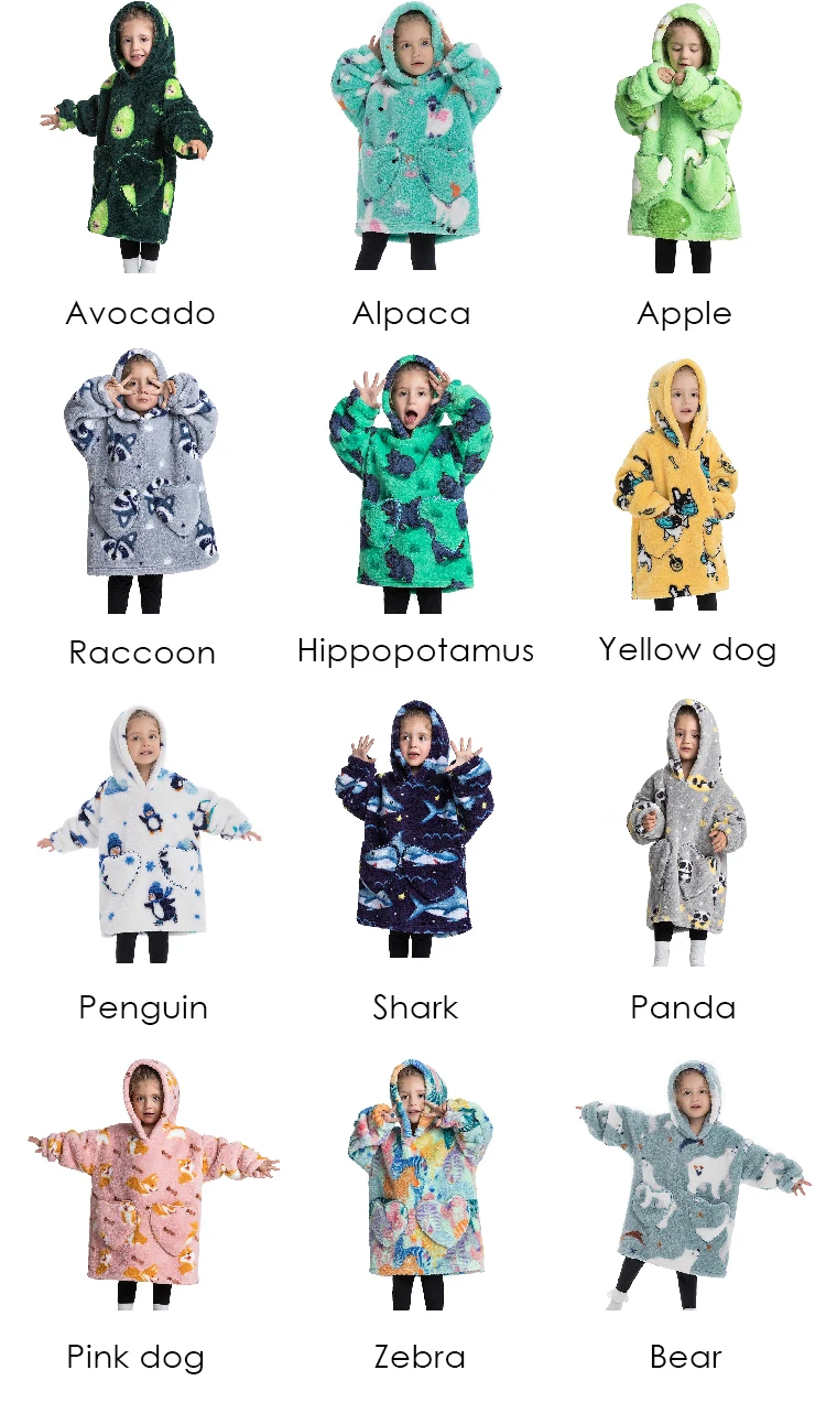 Wholesale custom Cartoon Deer Printed Character Hooded oversized big baby kids Wearable Blanket hoodie