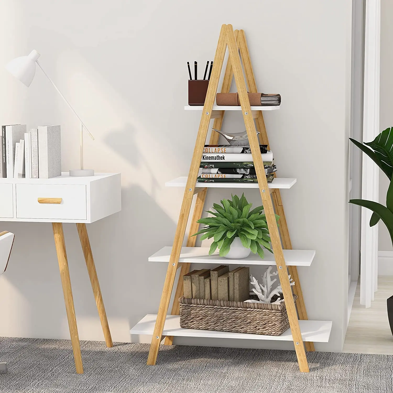 Luxury Nordic Multiple Sizes Kids Book Toy Organizer  Prague Ladder Bamboo Bookshelf Kids Bookshelf