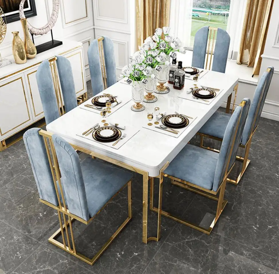 Luxury High-End Dining Table Set 6 Chairs with Velvet Stainless Steel Gold Chromed Metal for Home or Hotel Use New Model